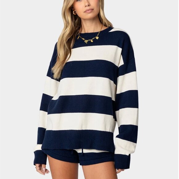 Edikted Sweaters - EDIKTED 2 Piece Set - Riley Oversized Stripe Knit Sweater and Shorts Small